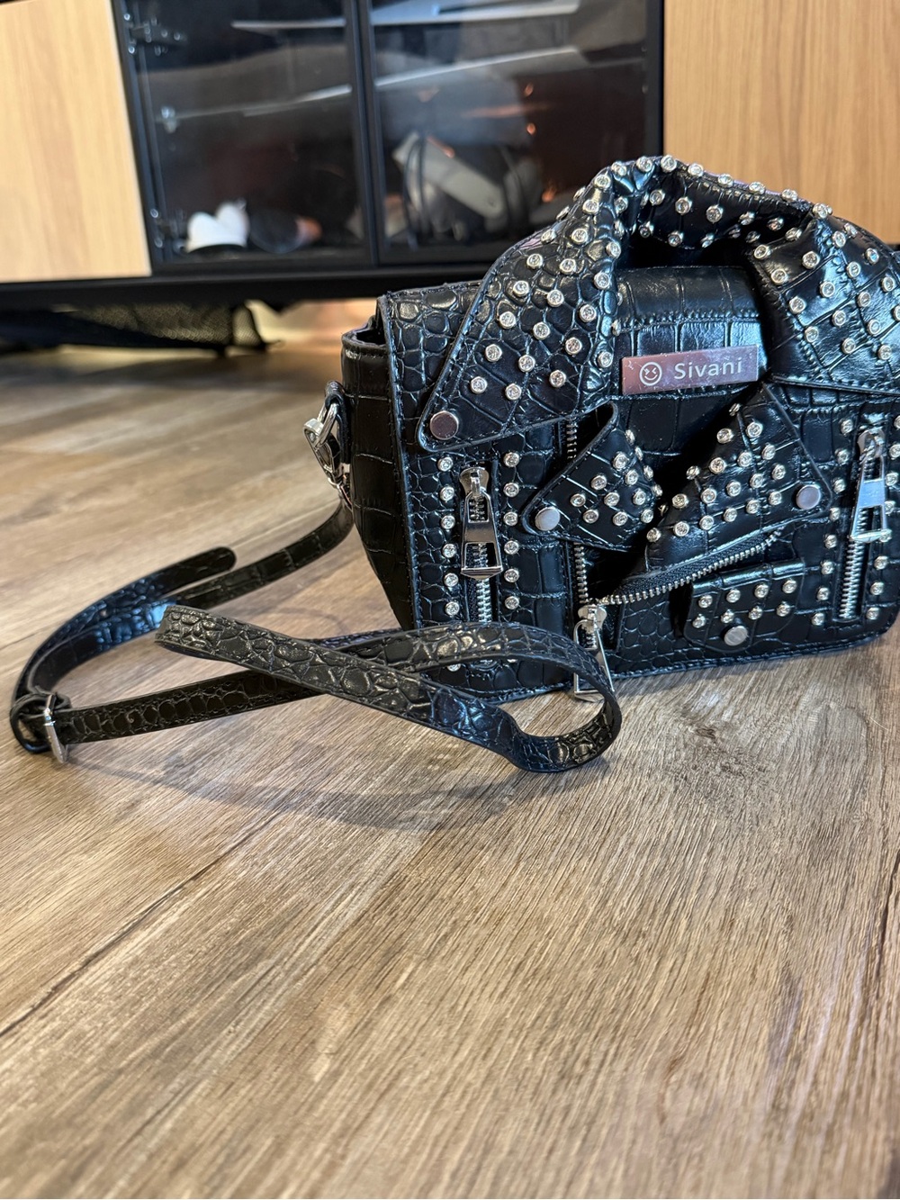Black Studded Faux-Croc Crossbody Bag